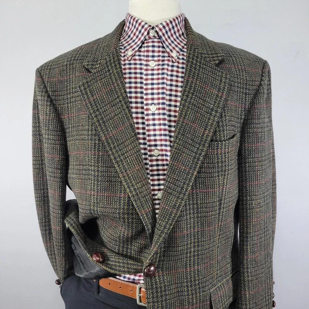 Robert Stock Men's Sport‎ Coat Blazer Two Button Brown Plaid Wool Size 44R
